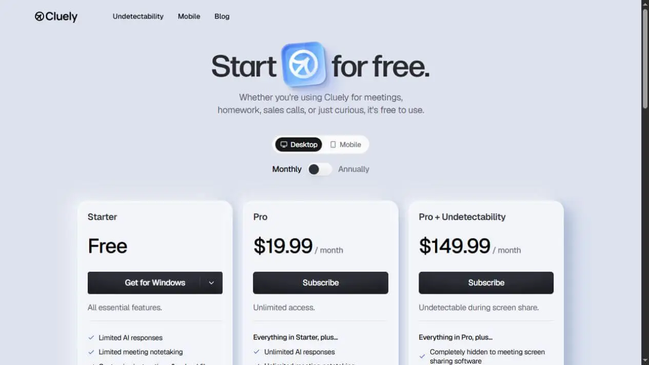 Cluely monthly USD desktop pricing on October 25, 2026, showing Starter, Pro and Pro plus Undetectability
