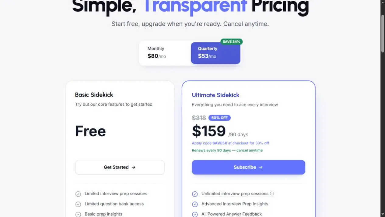 Interview Sidekick quarterly USD offer checked October 25, 2026