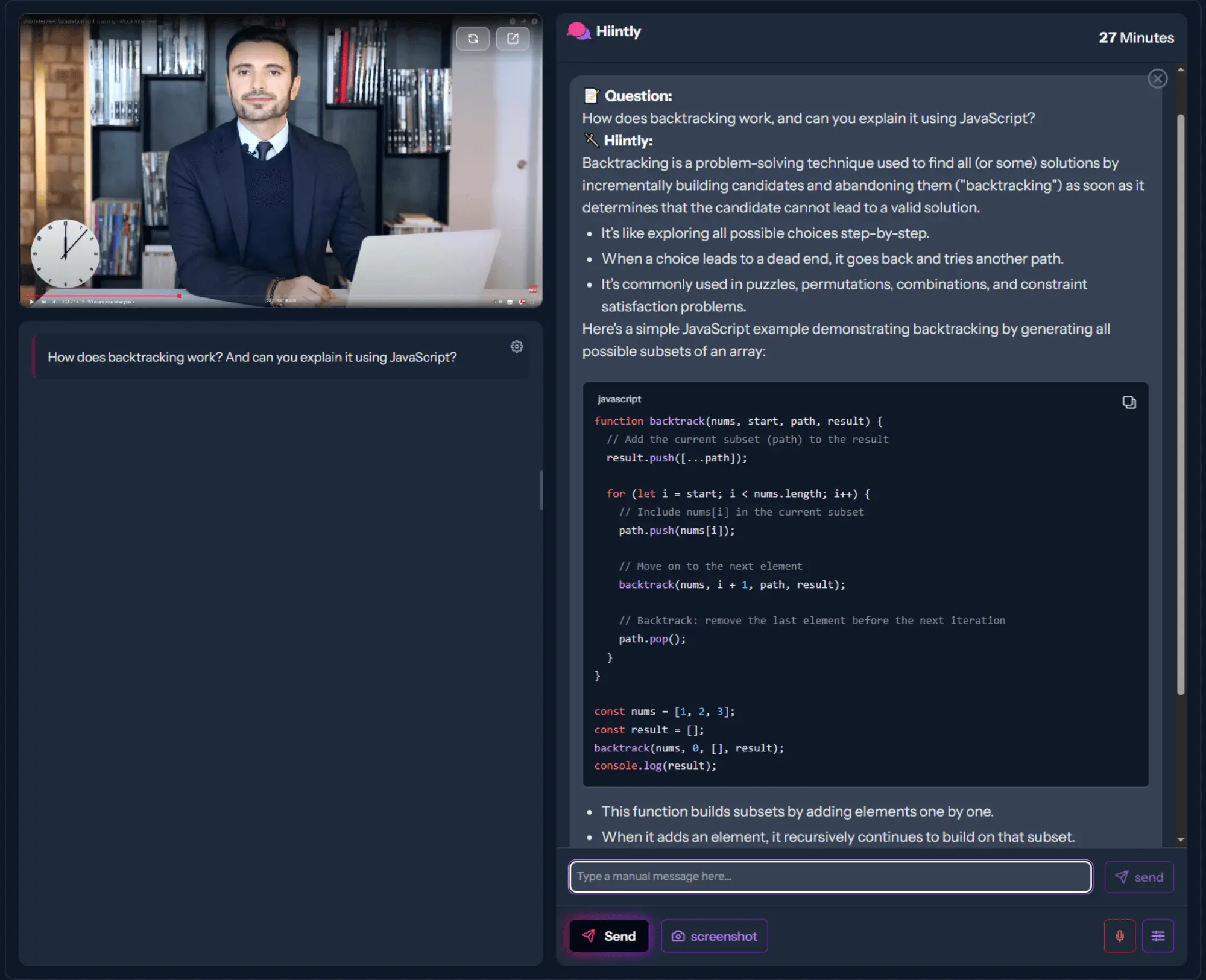 Hiintly browser interview assistant with a transcribed question and an AI-generated code explanation in dark mode