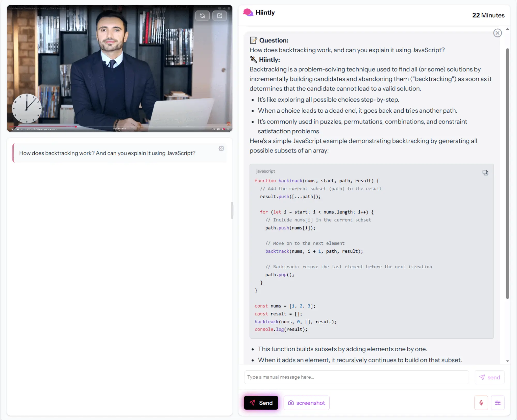 Hiintly browser interview assistant with a transcribed question and an AI-generated code explanation