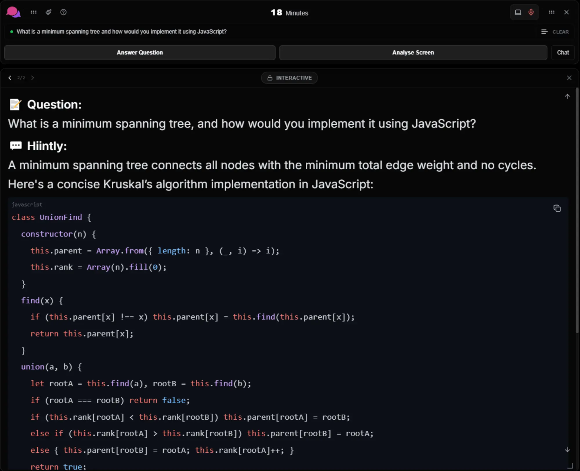 Hiintly desktop interview overlay with an AI explanation and JavaScript code in dark mode